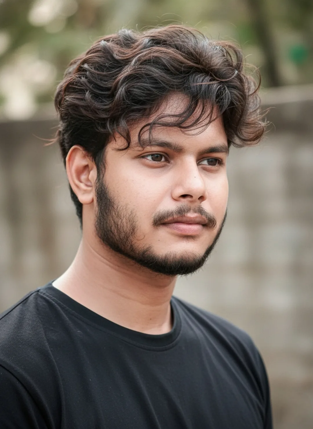 A photorealistic close-up portrait of a young South Asian man in his early 20s, looking slightly to the side with a calm, confident