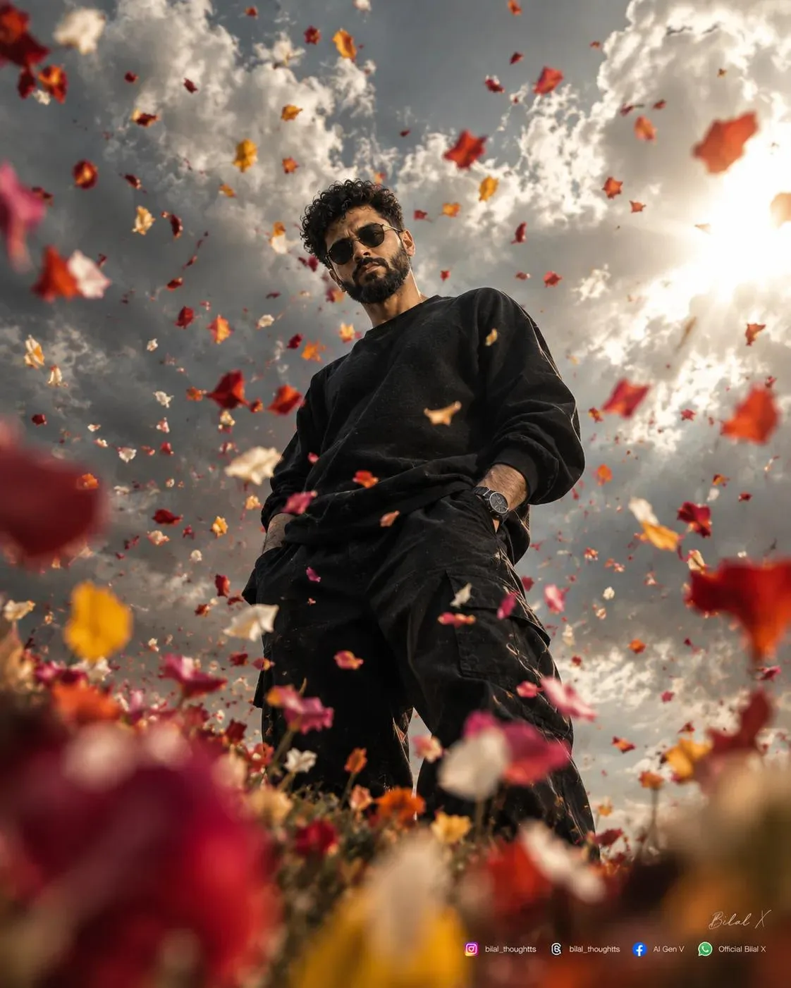 Flowers A cinematic fashion portrait of a young man standing confidently while hundreds of colorful flower petals swirl dramatically