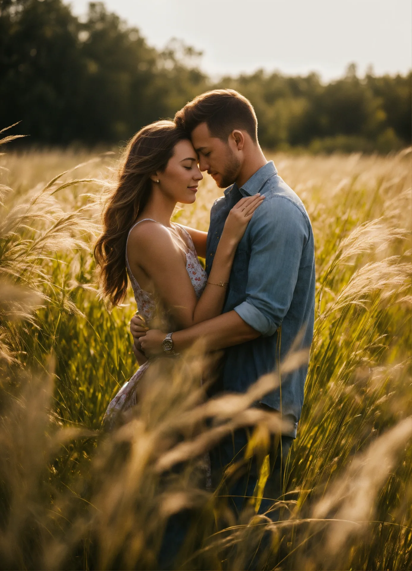 A candid, warm photograph capturing a loving young couple embracing in a field of tall, golden-brown feathery grass during the golden hour