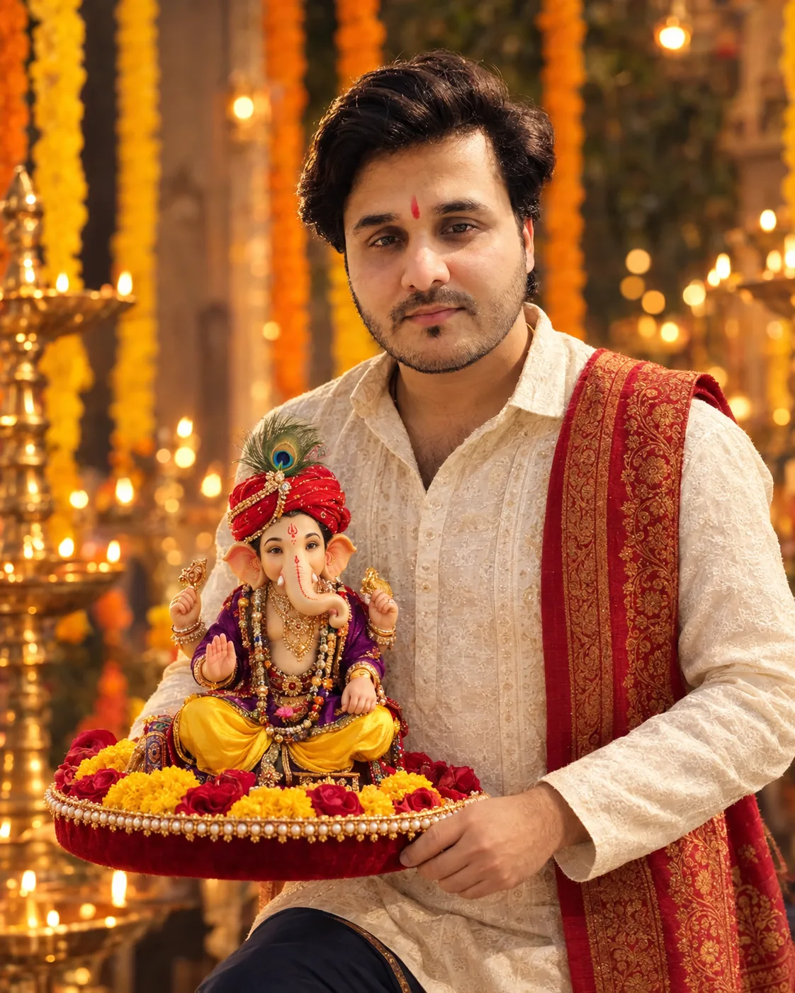 "A photorealistic, highly detailed portrait of a handsome young Indian man smiling warmly, wearing an embroidered off-white kurta and a