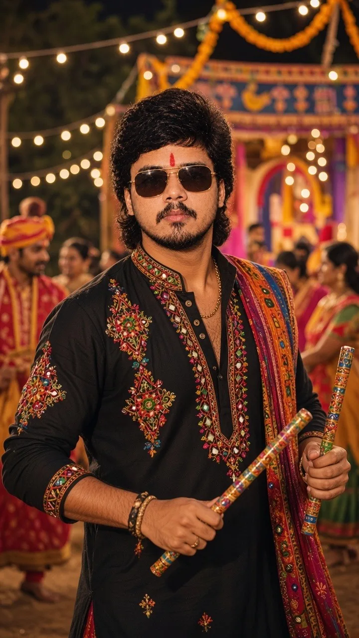Create an ultra-realistic cinematic Navratri portrait using the provided photo as the exact identity reference.