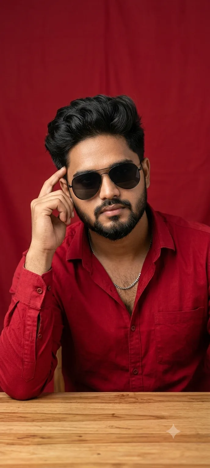**Prompt:** A realistic studio portrait of a young South Asian man in his mid-20s with medium-dark skin, short wavy black hair styled