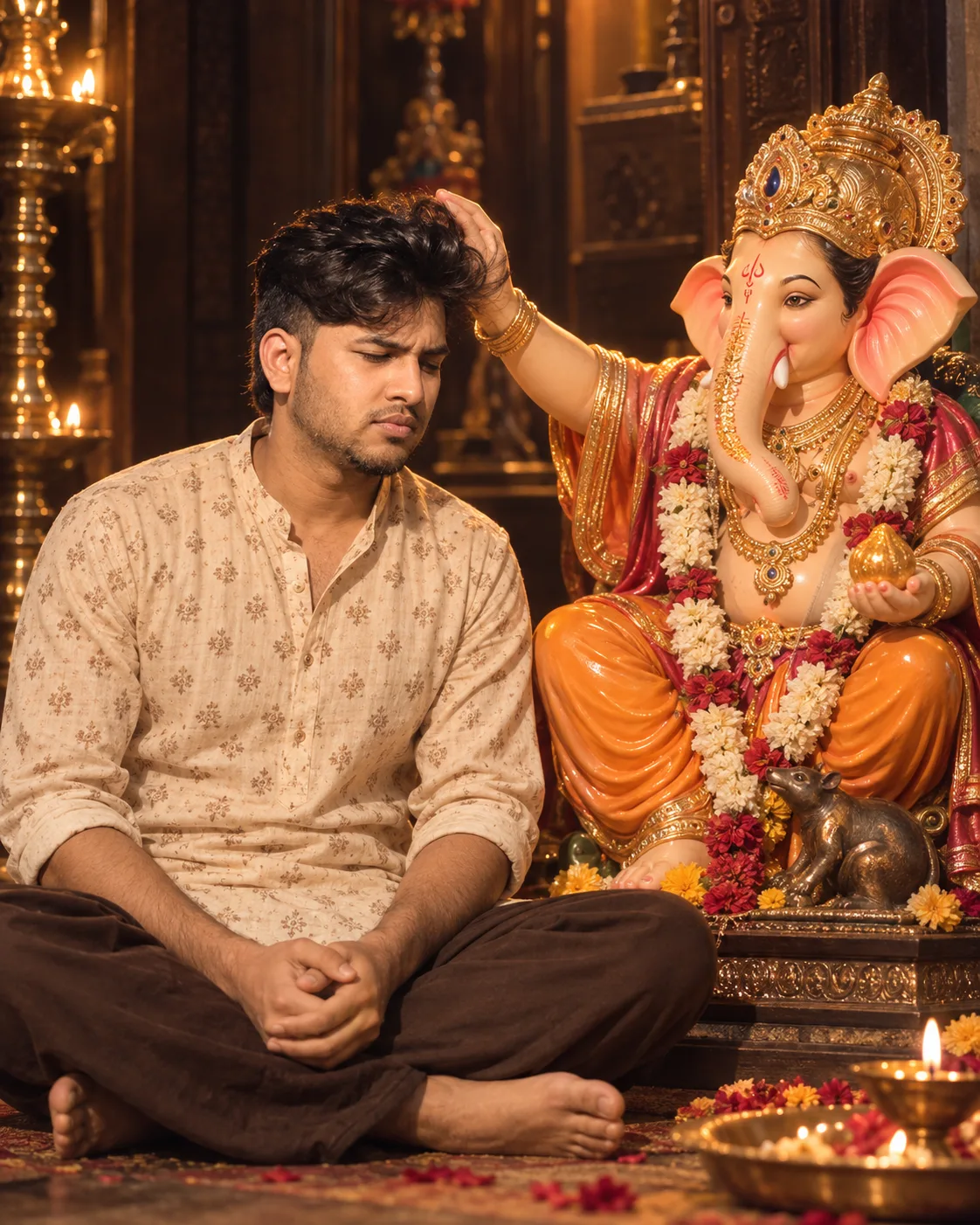 Use the uploaded image as the strict primary visual reference for the pose, composition, framing, environment, Ganesha idol, clothing,