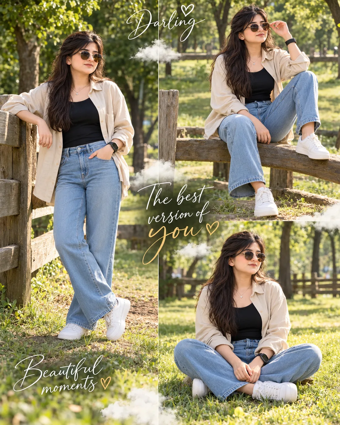 Hyper-realistic cinematic multi-panel outdoor collage composite — photorealistic three sharp full-color portraits of the same woman in a