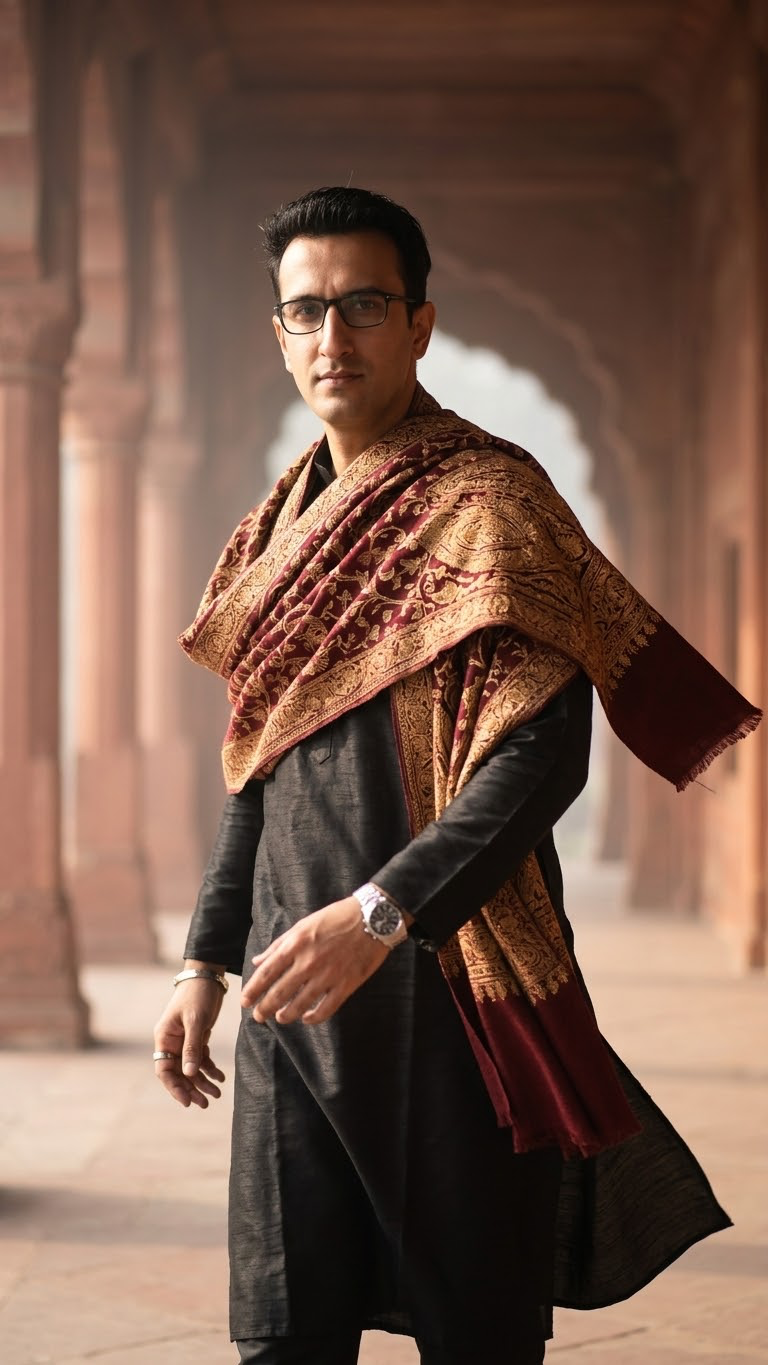 Same black silk kurta, collar slightly visible under shawl folds.