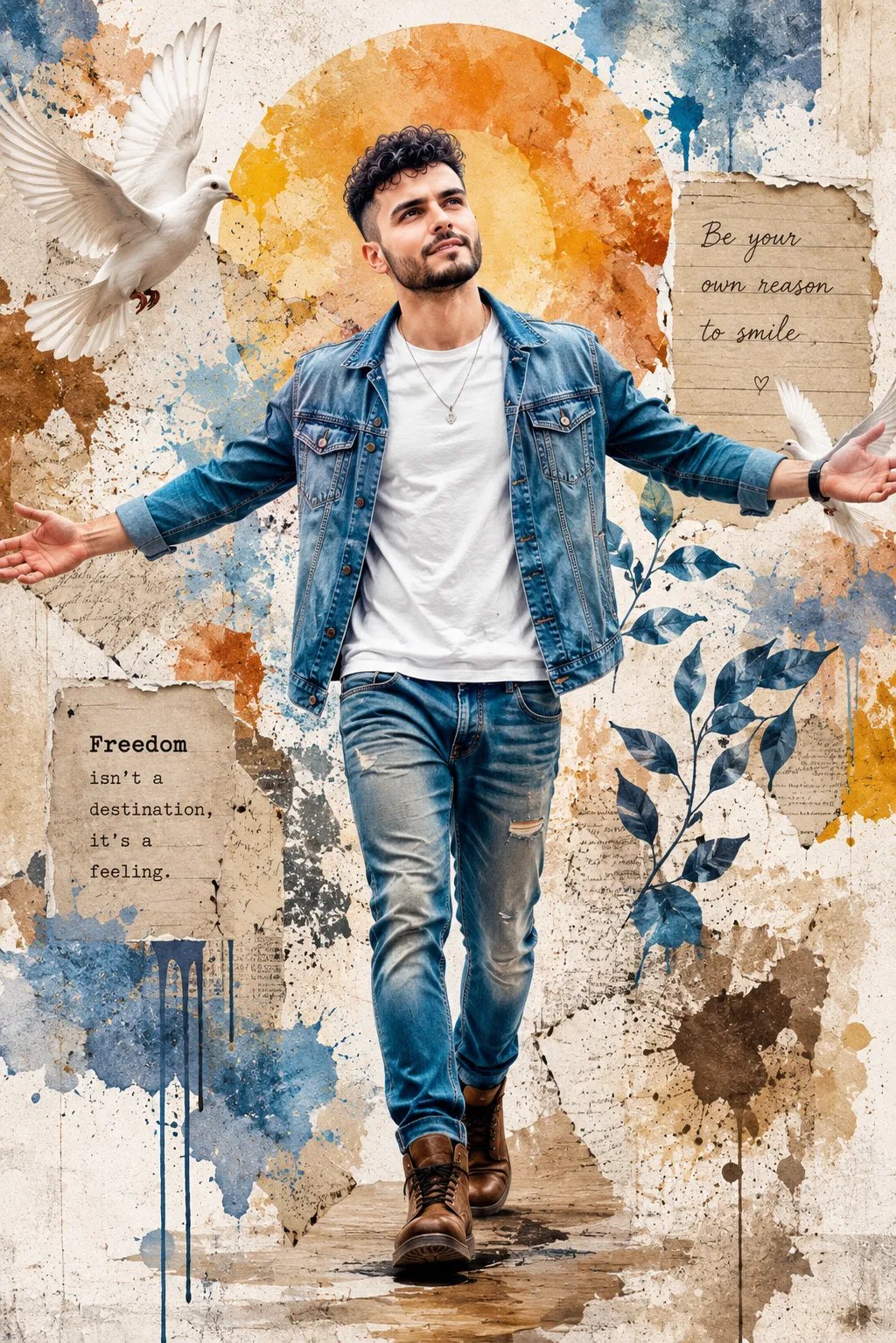 A vibrant mixed-media digital collage featuring a joyful high energetic high vibe man with a beard, smiling and looking upward, walking