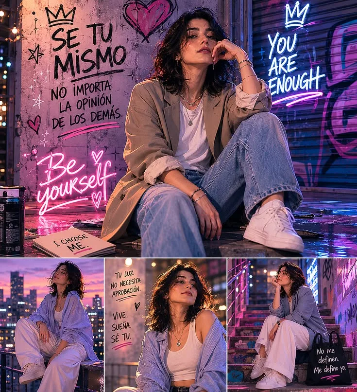 Create an ultra-photorealistic cinematic urban portrait of a young woman sitting casually on a wet city street at night, surrounded by