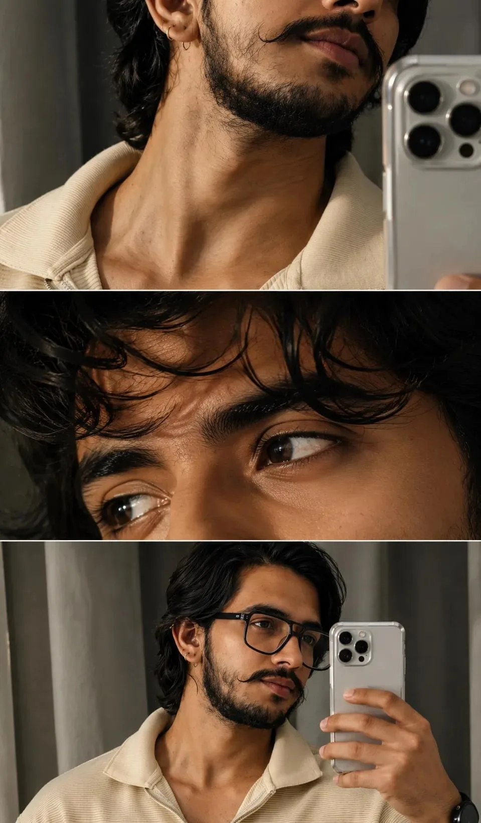 Image Generation Prompt A vertical 3-panel split-screen triptych photo collage of a young South Asian man with warm brown skin, dark curly