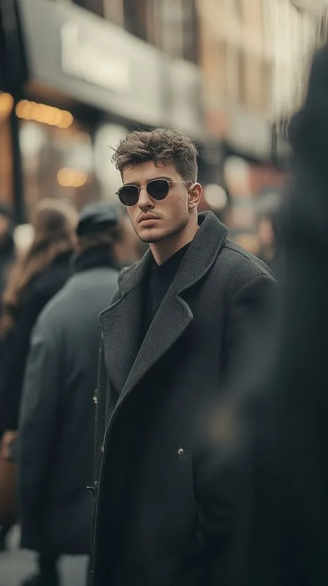 A cinematic, moody street-style portrait of a handsome young man with messy styled hair and a light stubble beard.