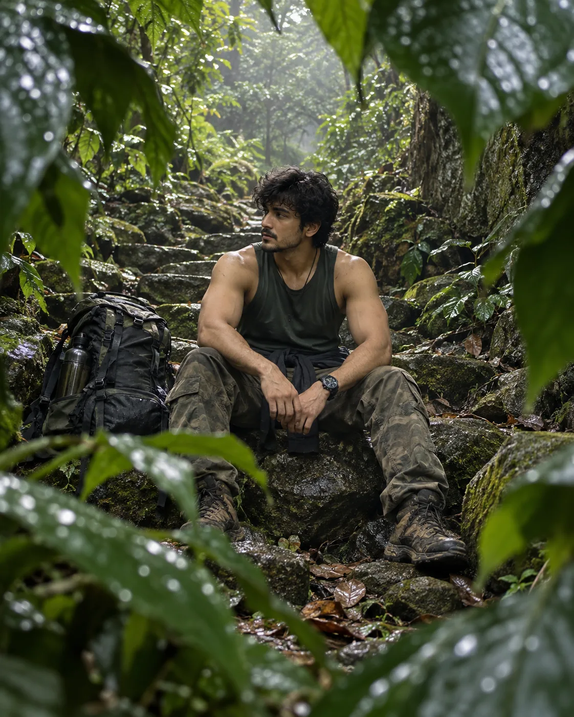 A traveler sits in a dense forest, surrounded by lush greenery and natural stone steps.