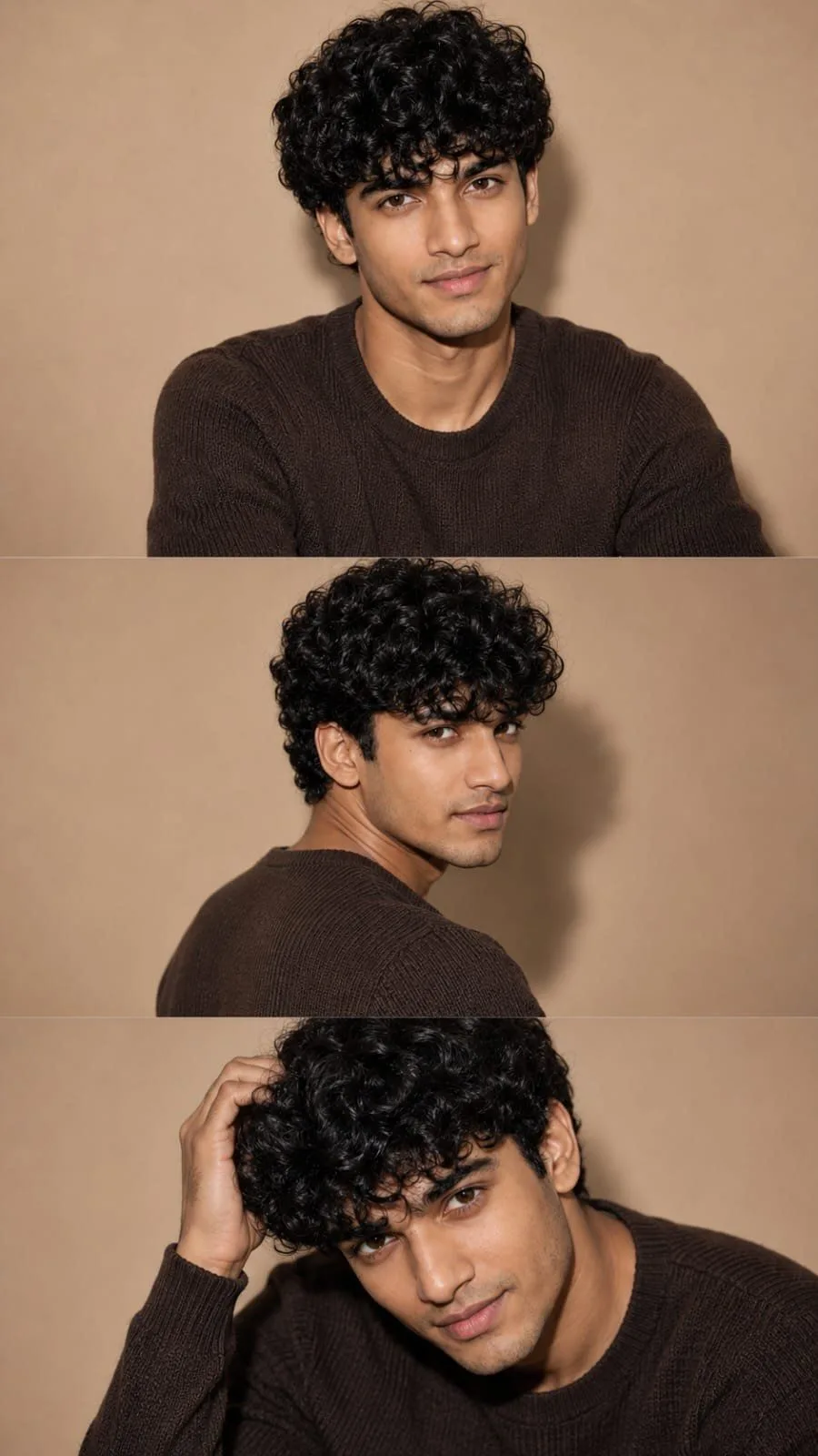 Ultra realistic male beauty collage, vertical 3-panel photo layout, 9:16 aspect ratio, three different poses in stacked frames, luxury