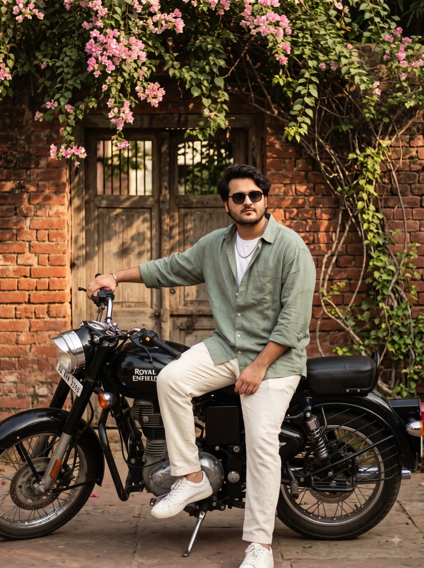 Ultra realistic cinematic DSLR photograph of a young South Asian man casually sitting on a black Royal Enfield motorcycle in a beautiful