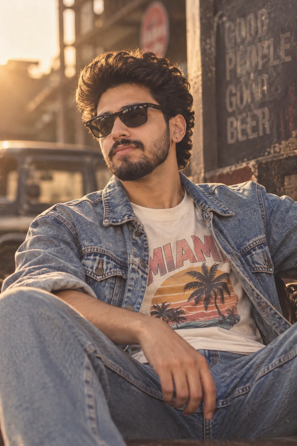 A stylish young man with curly, voluminous hair and a well-groomed beard and mustache, wearing black sunglasses, a vintage blue denim