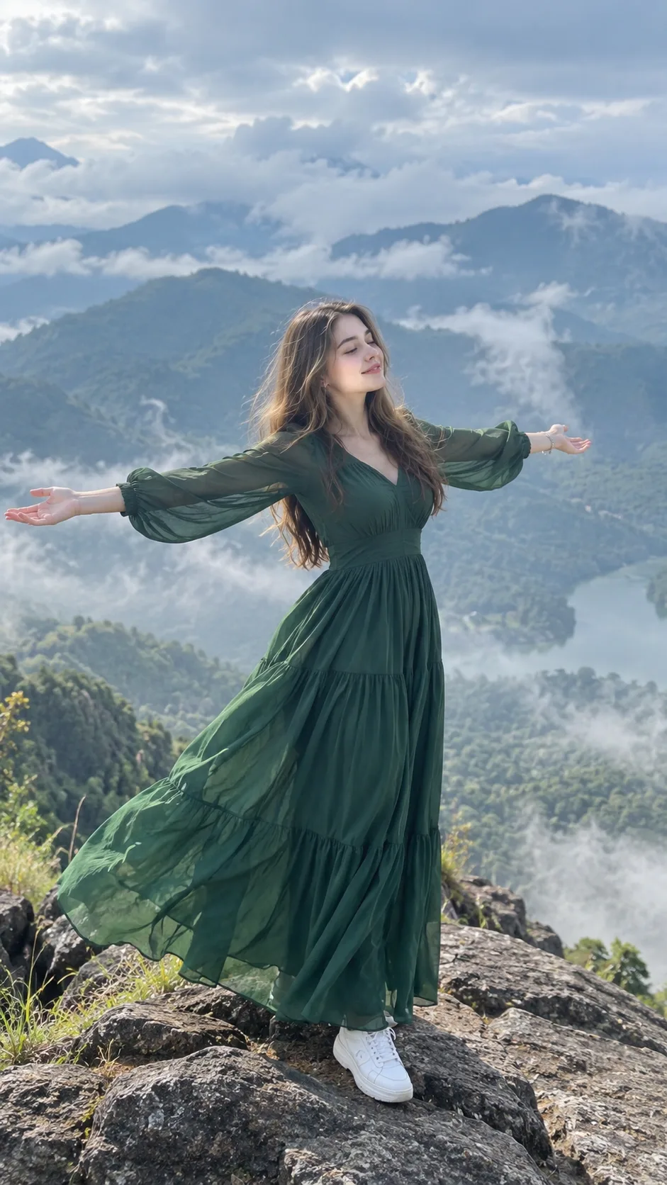 Image Generation Prompt A photorealistic, stylish young Indian woman standing confidently on a dramatic rocky cliff overlooking a
