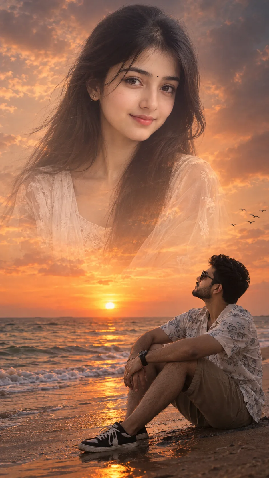 Create an ultra-realistic cinematic romantic double-exposure photograph using our uploaded face photos as the ONLY identity references for