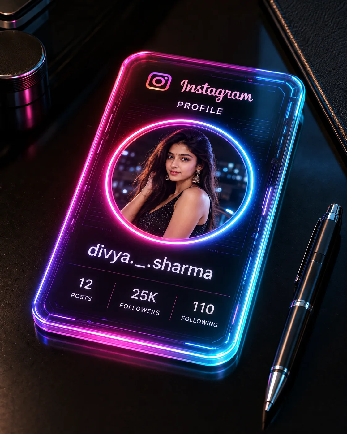 Create a hyper-realistic 3D digital art of a futuristic translucent neon glass card shaped like a smartphone, lying flat on a sleek black