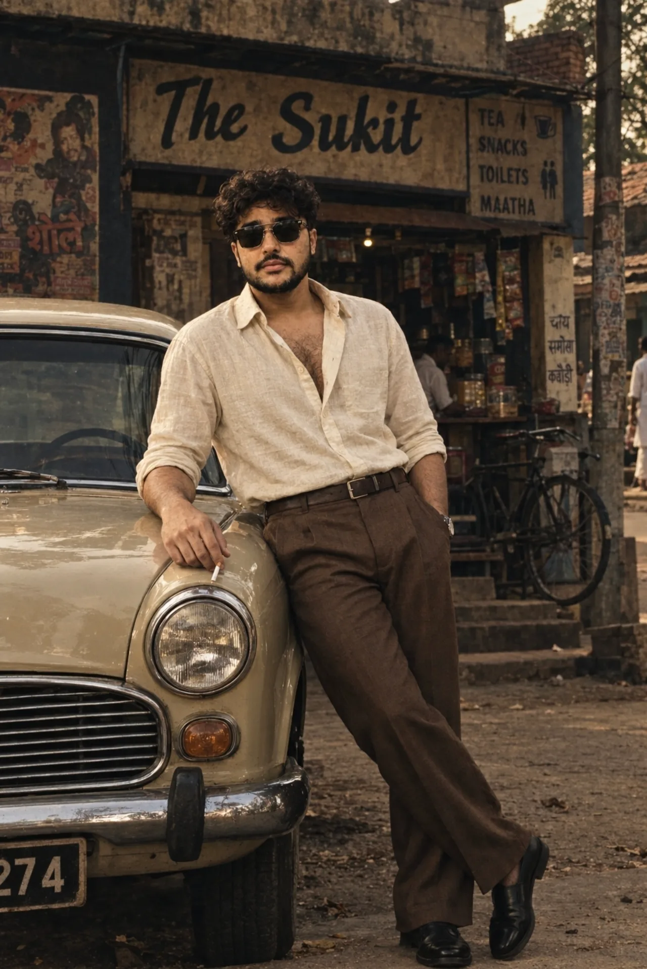A stylish young man with curly hair.