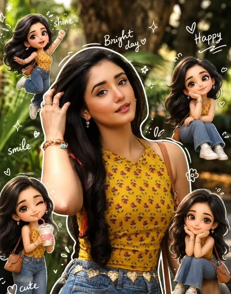 Create a high-quality whimsical portrait collage featuring a beautiful young woman in the center wearing a yellow floral sleeveless top and
