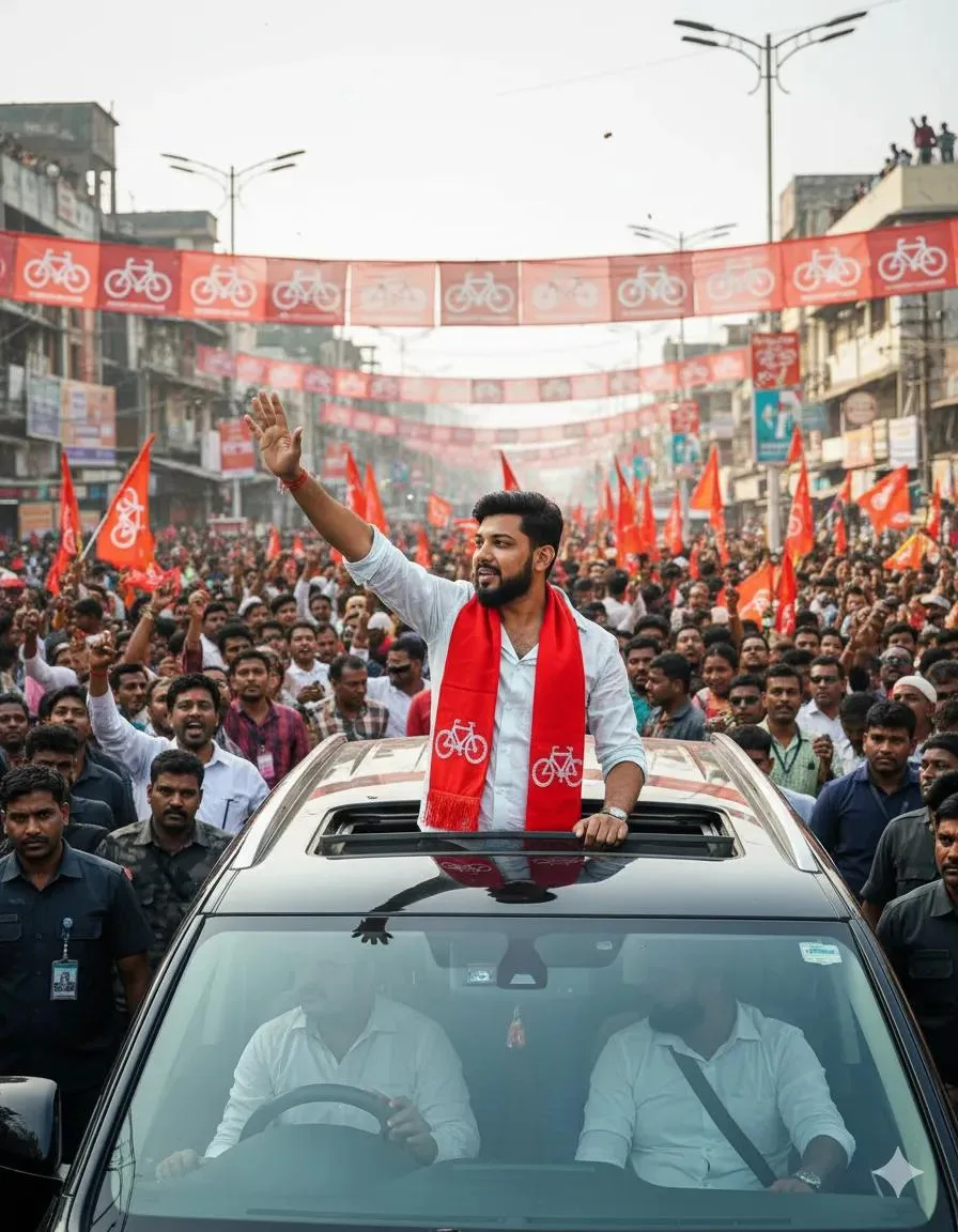 A charismatic man political leader wearing a red Samajwadi party scarf, cycle logo standing through a sunroof of a black SUV, waving to a