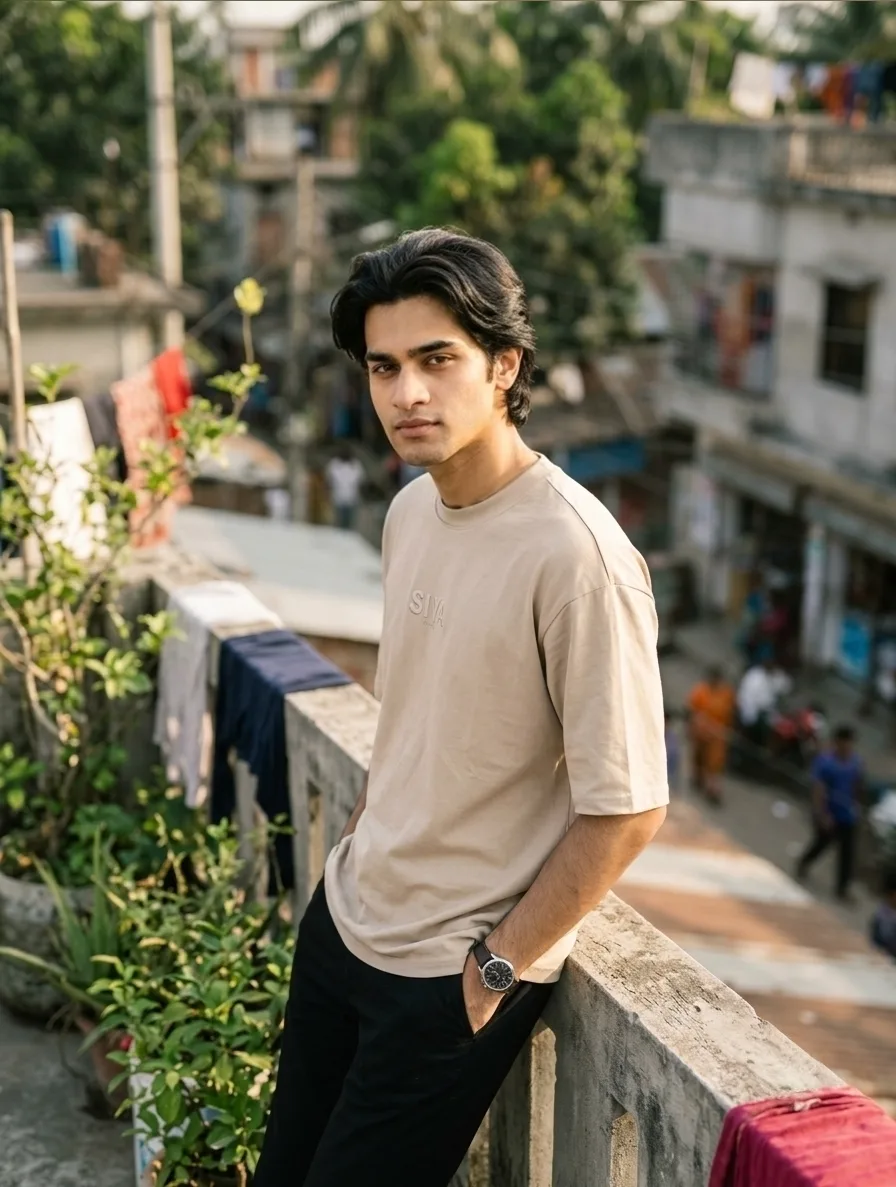 **Image Prompt:** A photorealistic portrait of a young South Asian man with medium-length black wavy hair styled neatly, sharp jawline,