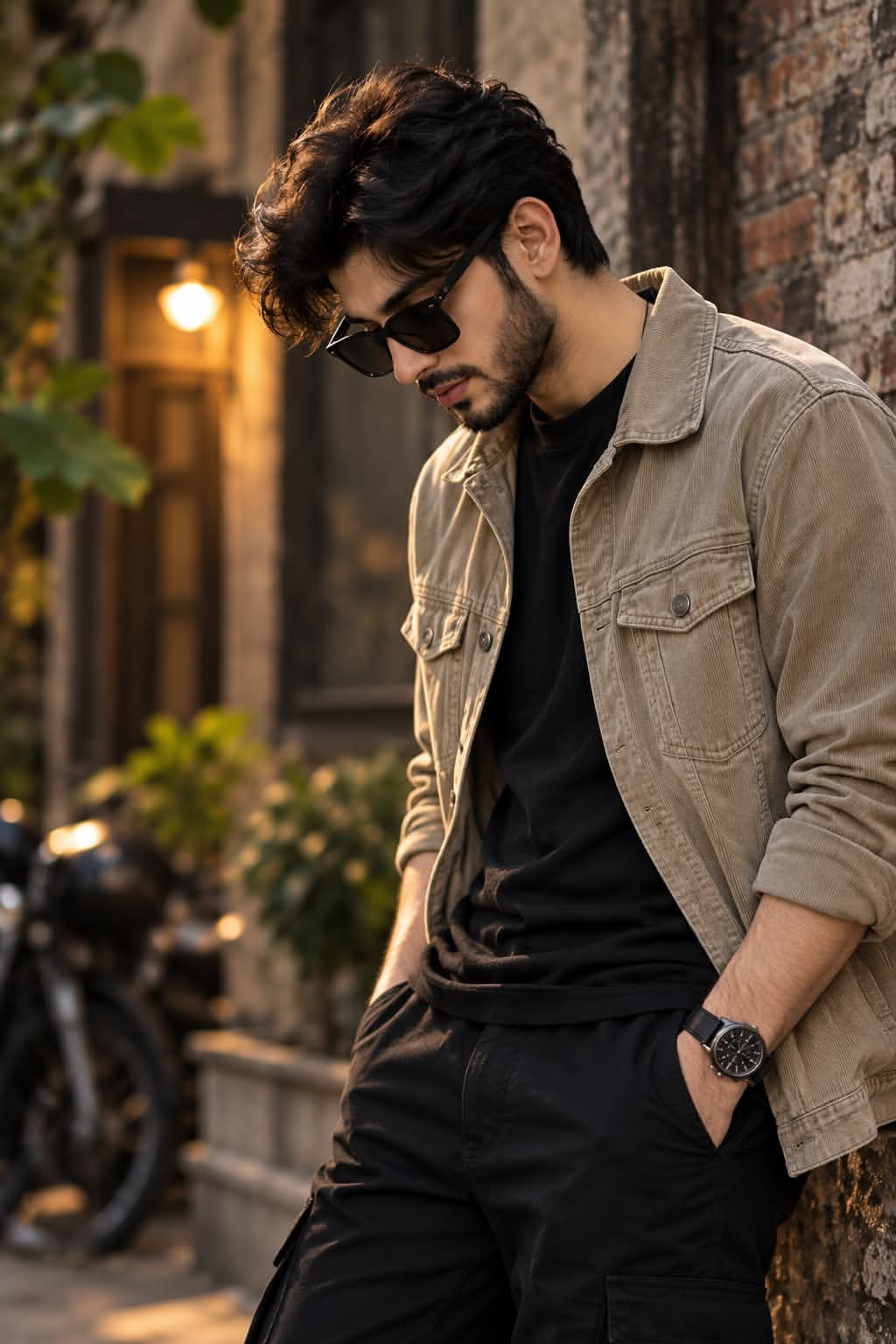 Create an ultra-realistic cinematic fashion portrait of a COMPLETELY NEW South Asian man with a unique facial identity.