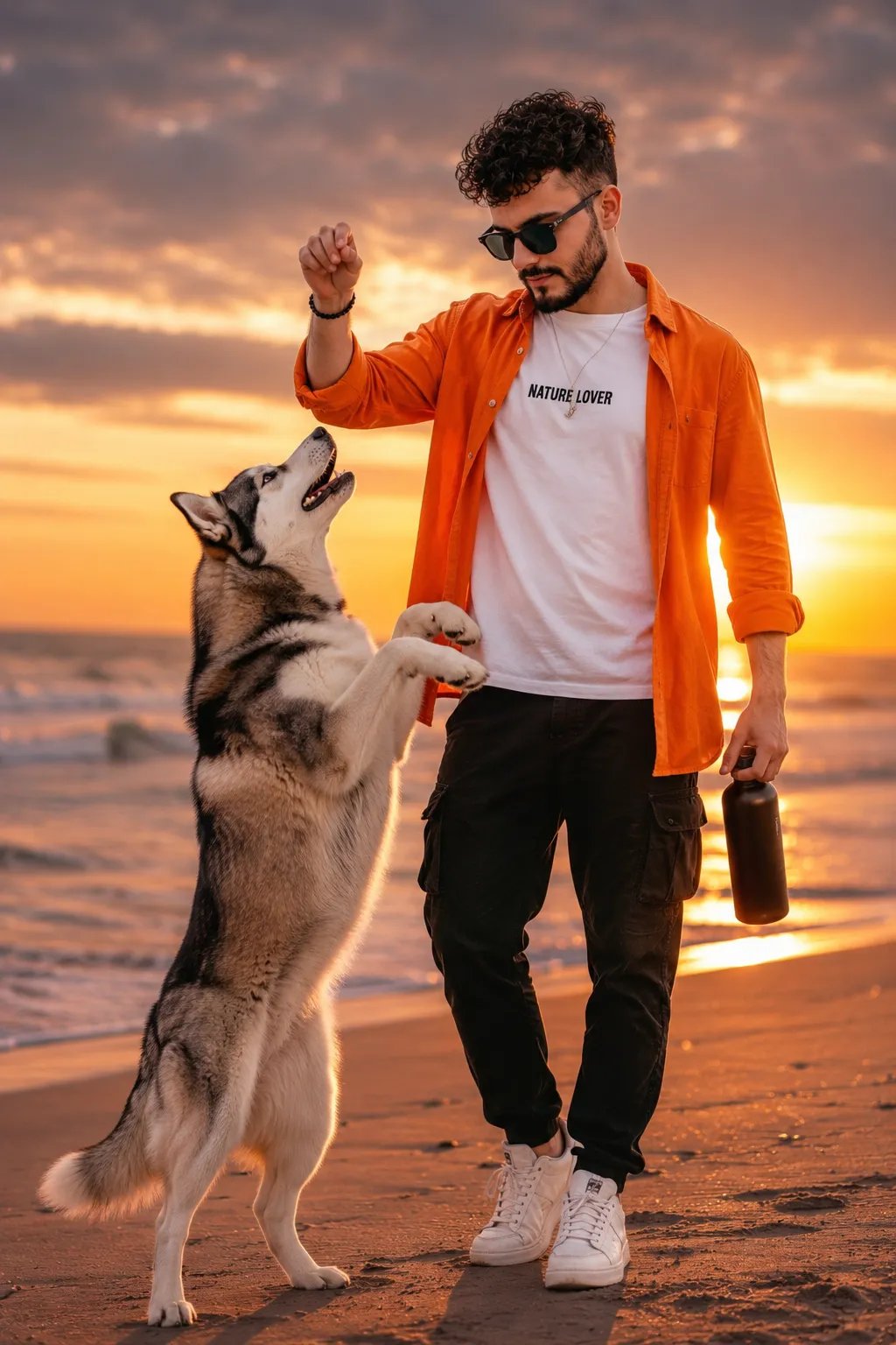 Ultra-realistic cinematic sunset beach portrait of a stylish young man training a Siberian Husky standing on its hind legs for a treat.