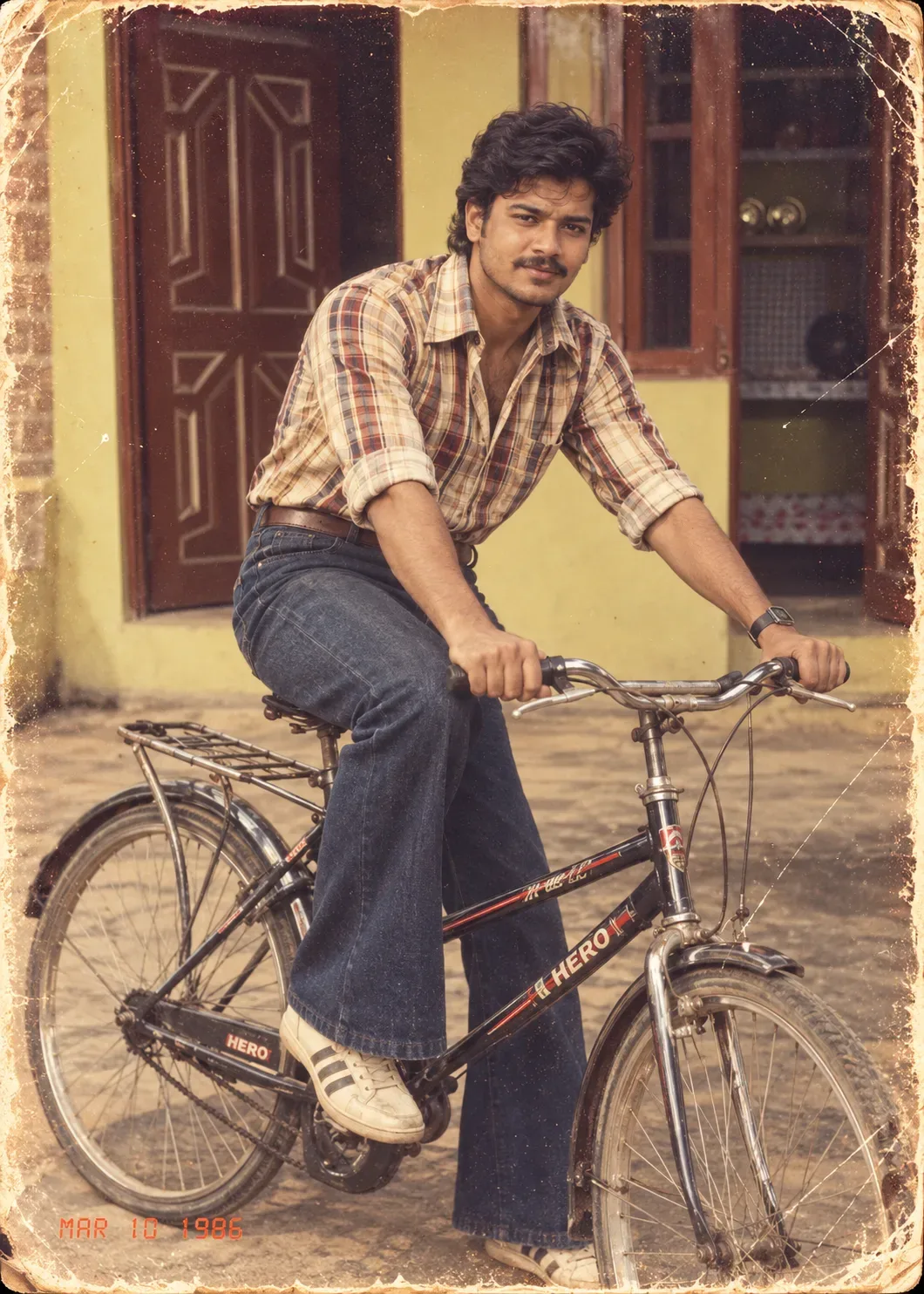 Create an ultra-realistic vertical 1980s Indian vintage photograph of a handsome fictional young Indian man sitting casually on a classic
