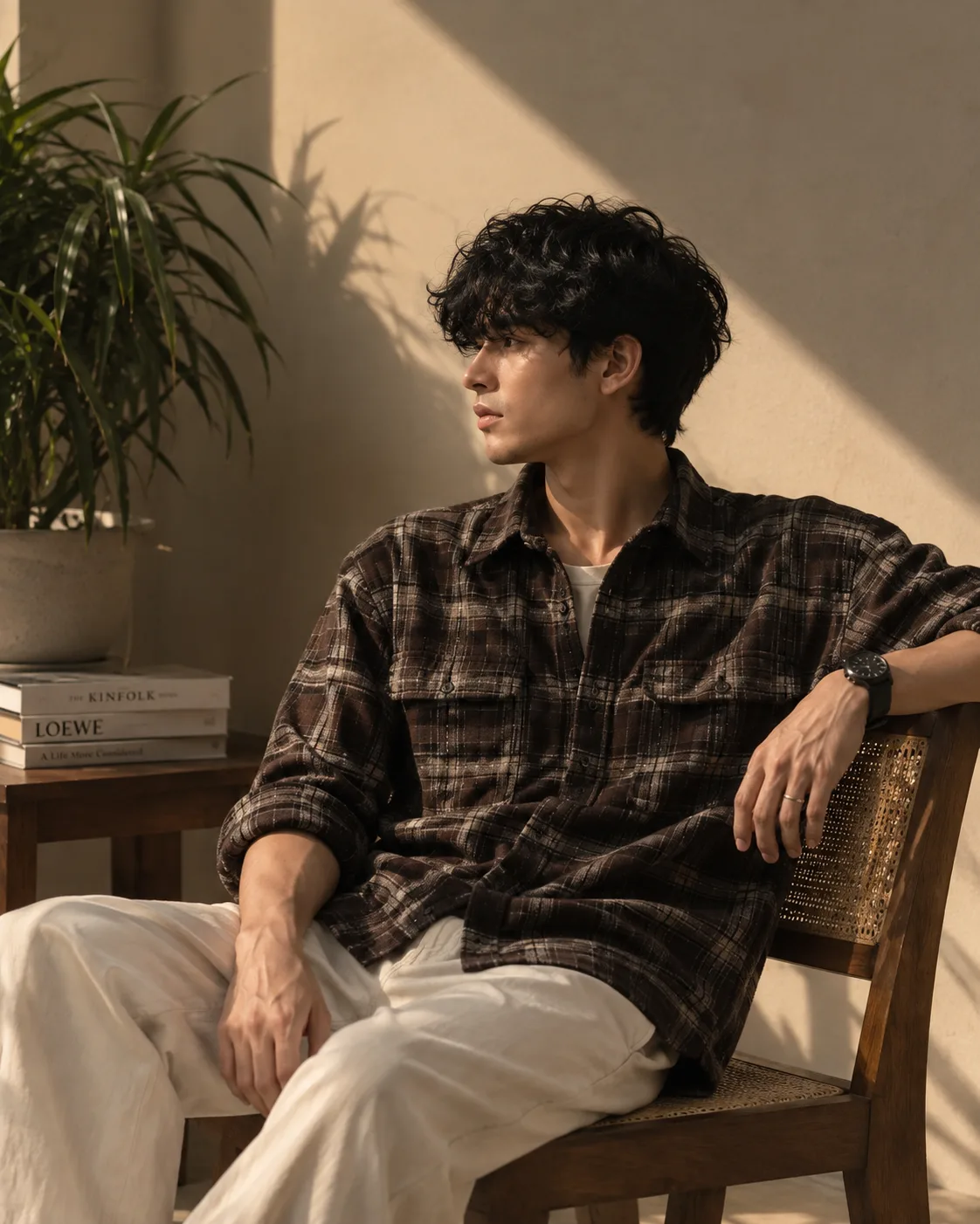 Create an ultra-realistic premium editorial lifestyle portrait of a young male model relaxing naturally in a sophisticated, warm-toned