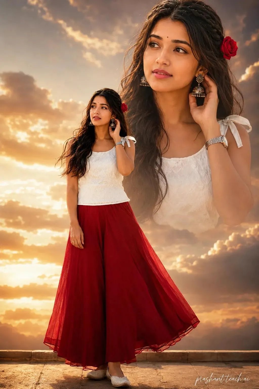 Cinematic Bollywood photo (2:3), full body girl as uploaded in red palazzo and white sleeveless kurti tied at shoulder, hair open with rose