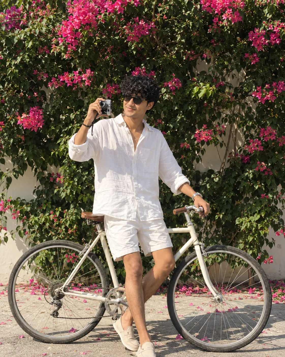 📸 Summer Bicycle Garden Portrait — Prompt Ultra-realistic photorealistic full-body outdoor portrait using the uploaded image as the EXACT