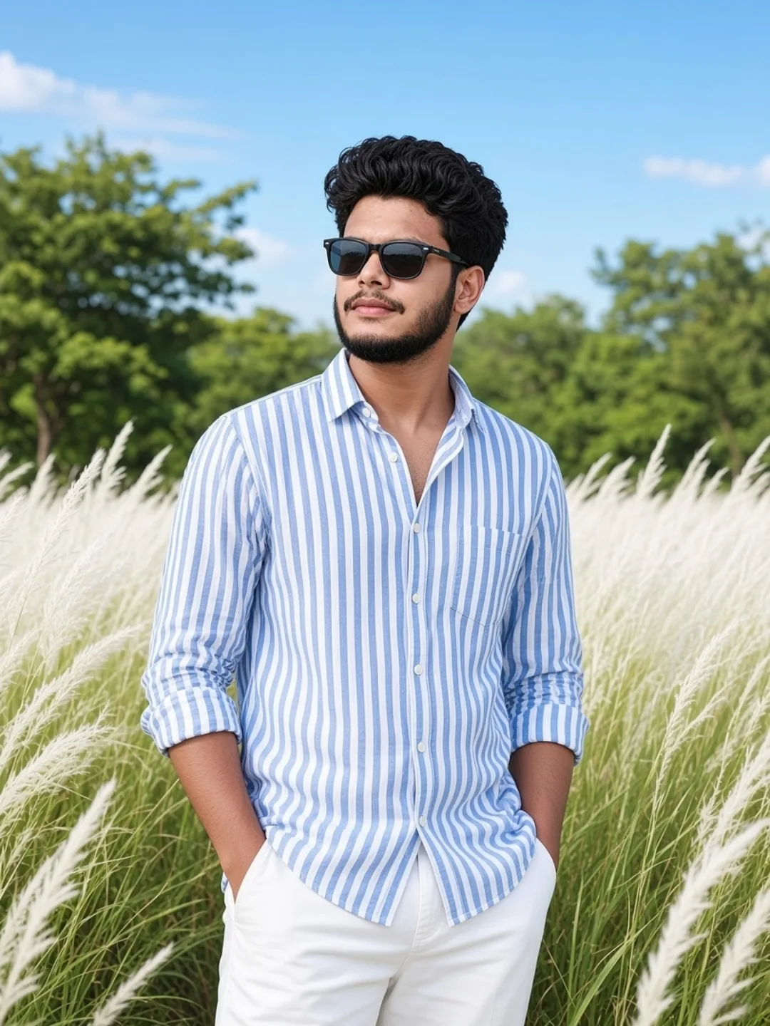 A young man with curly dark hair, wearing black sunglasses, standing in a white grass field during daytime, looking to the left side with a