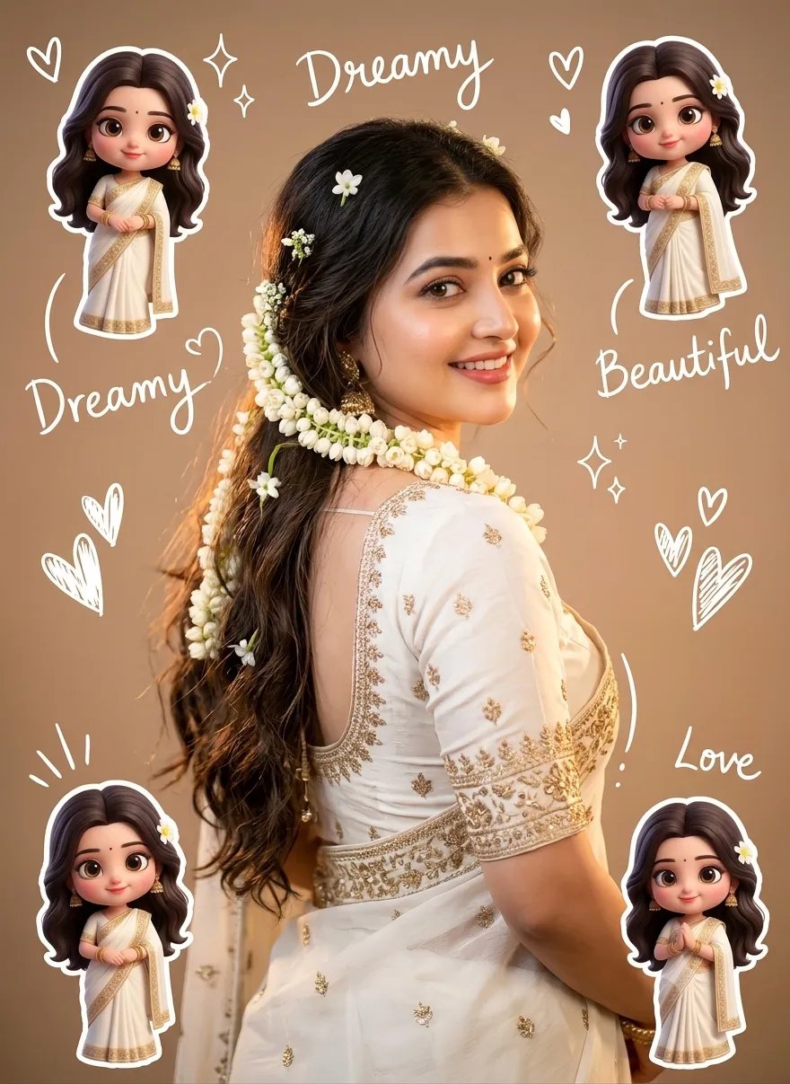 PROMPT ✨ ⬇️ Use reference photo to create a ultra-realistic cinematic portrait of a beautiful Indian woman in elegant white saree with