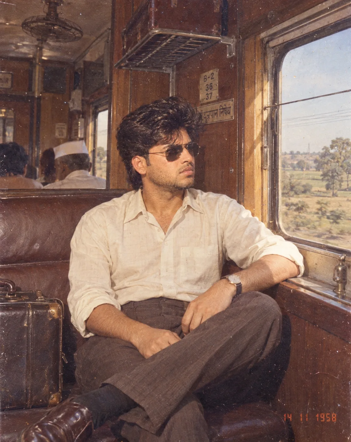 Using my uploaded photo as the primary identity reference, recreate me sitting inside an authentic Indian railway compartment during the