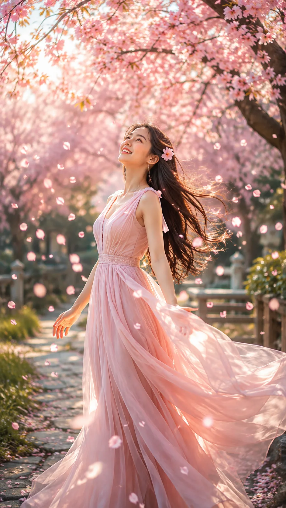 A breathtaking ultra-realistic portrait of a beautiful young woman standing beneath magnificent pink cherry blossom (sakura) trees in full