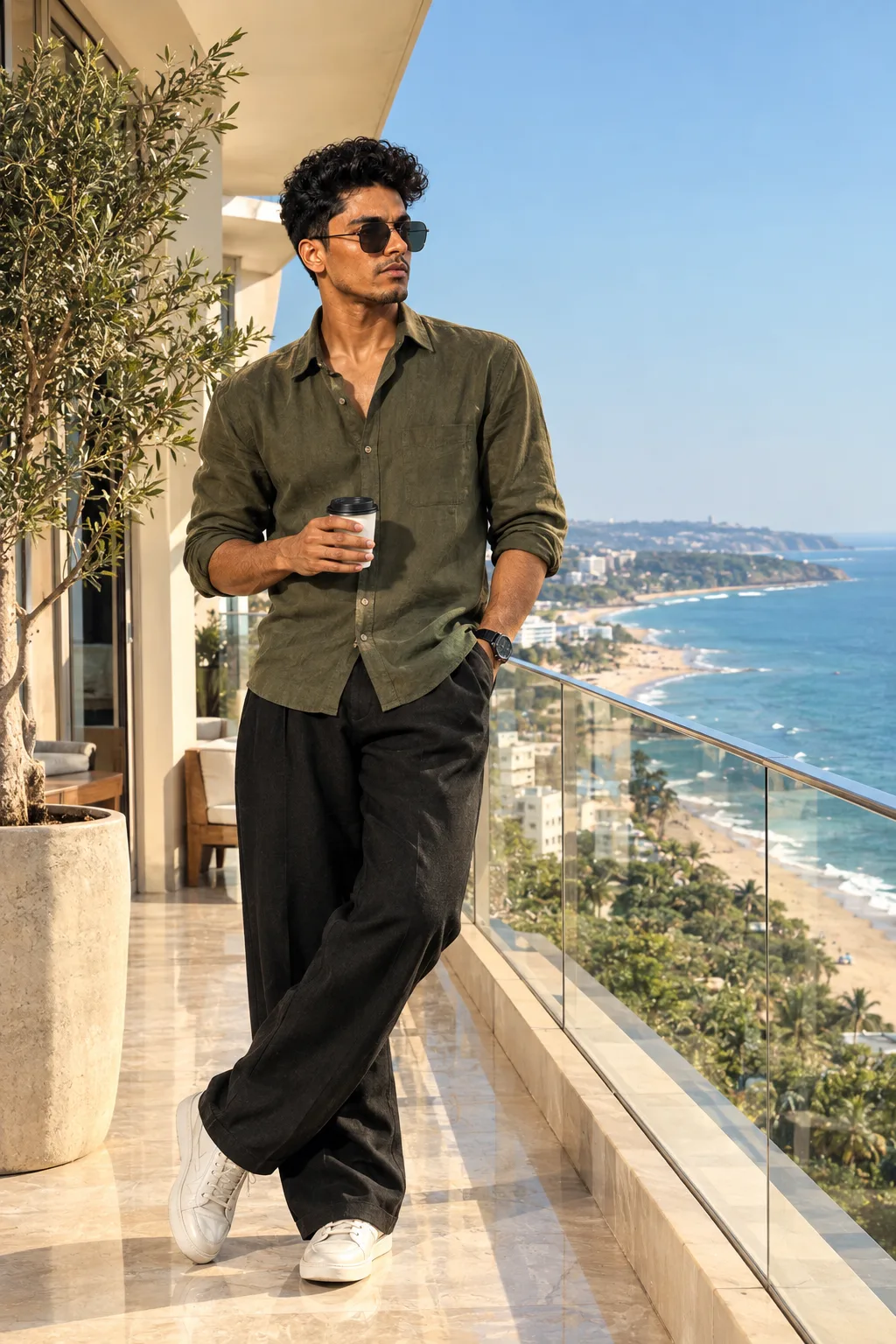 Ultra-realistic luxury lifestyle fashion portrait of a handsome young man standing on a modern oceanfront balcony during bright morning