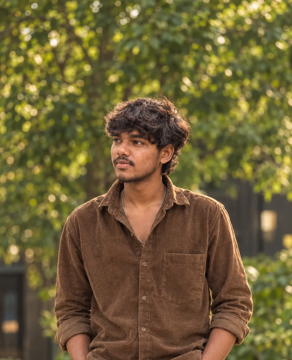 Ultra-realistic cinematic lifestyle portrait of a stylish young South Asian man standing casually outdoors in a lush green setting.