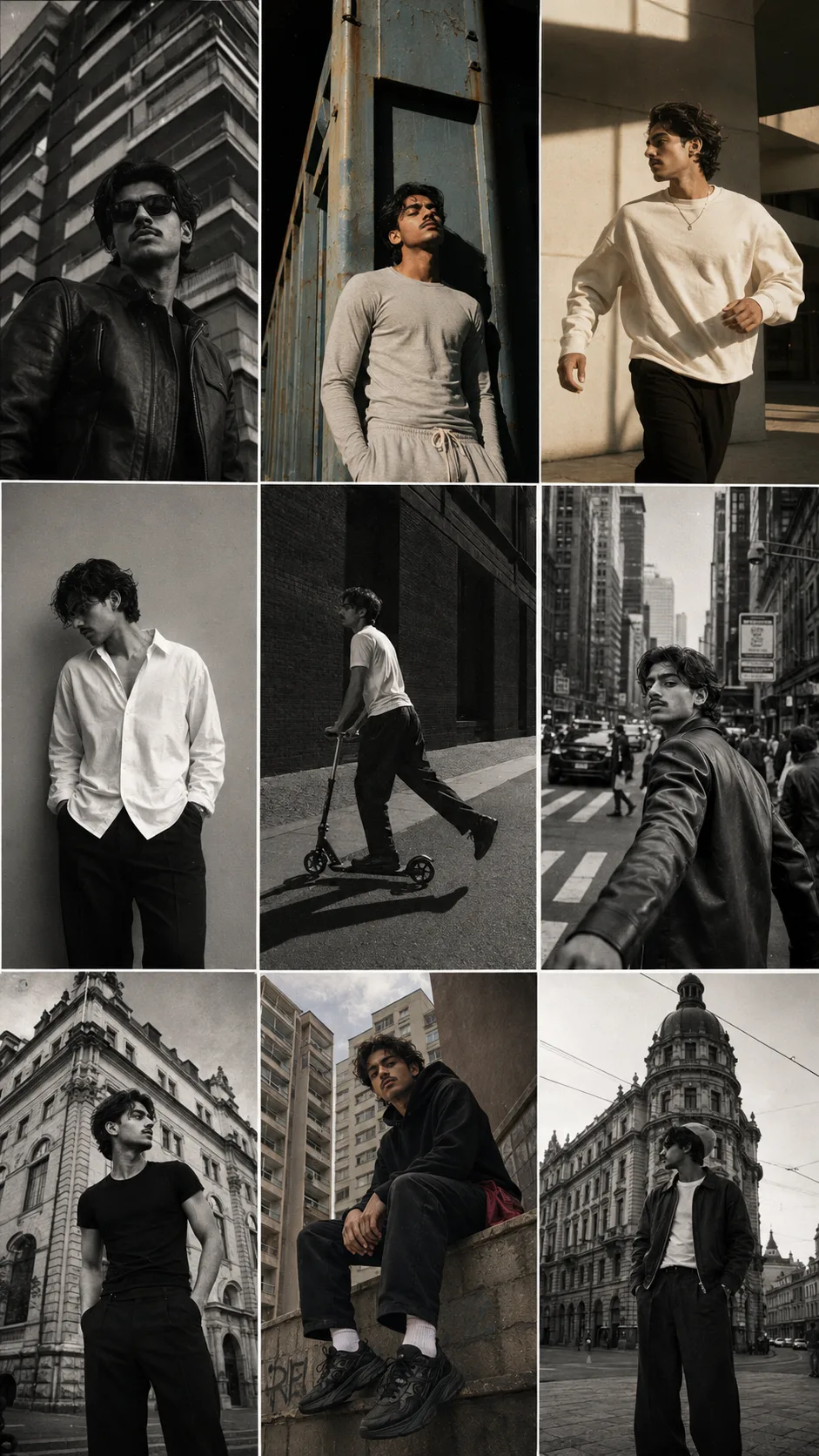 Exact Image Recreation Prompt Create a highly photorealistic cinematic 9-panel editorial fashion collage closely reproducing the reference