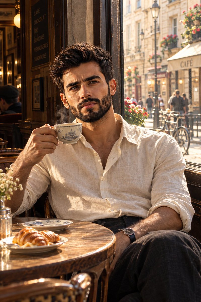 Handsome man in European cafe