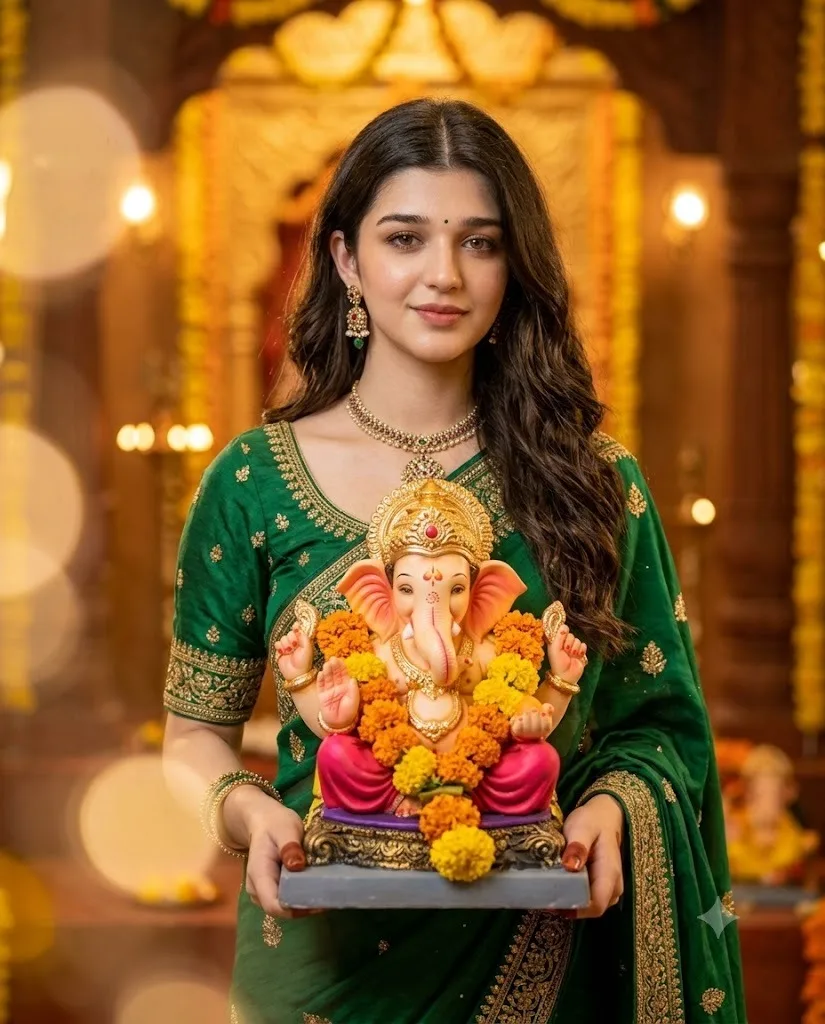 Dreamy cinematic portrait of a beautiful young Indian woman in an elegant green saree, holding a decorated Lord Ganesha idol, warm golden