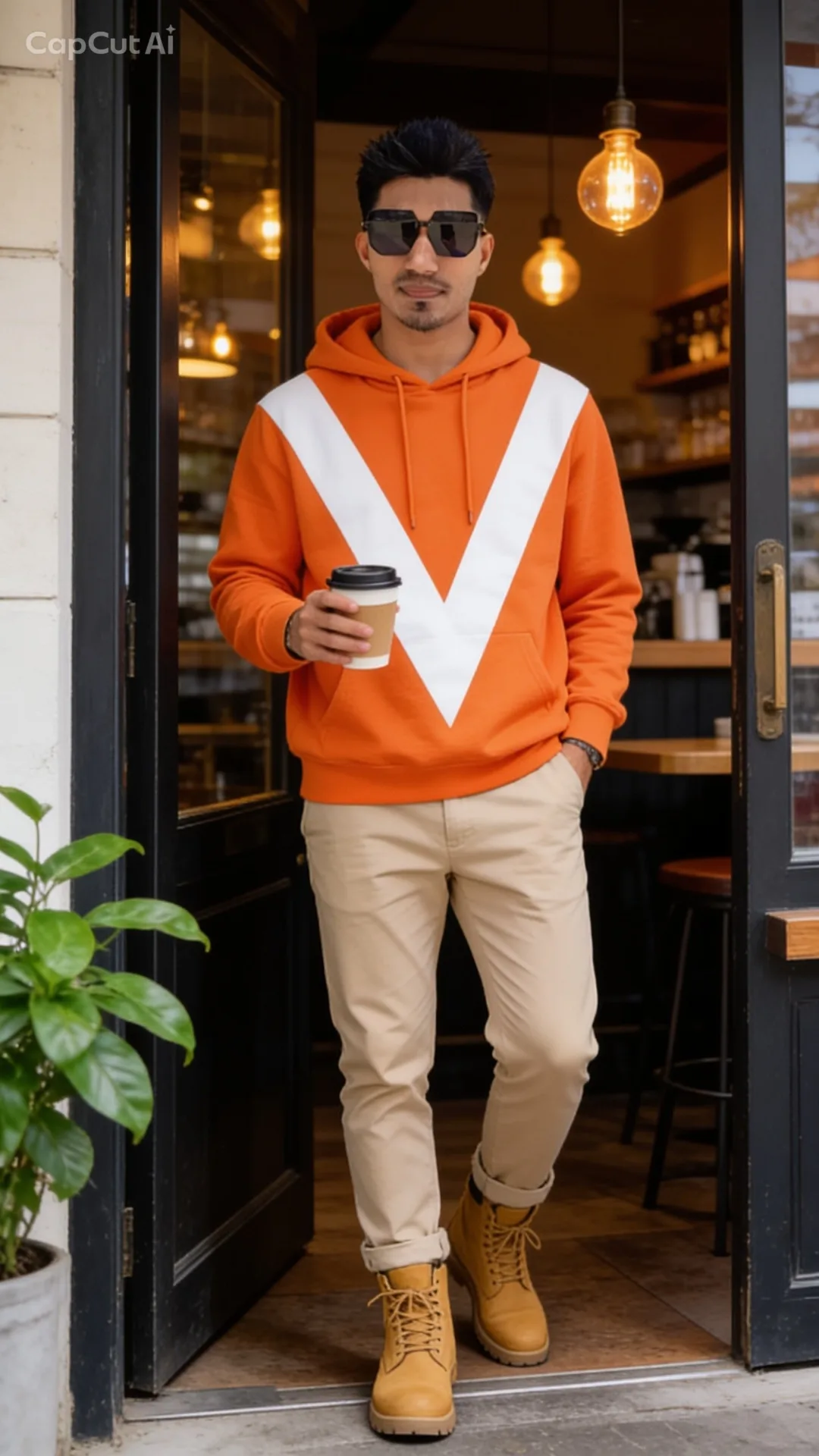 Hyper-realistic high-resolution cinematic portrait of a stylish man standing in the doorway of a cozy cafe.