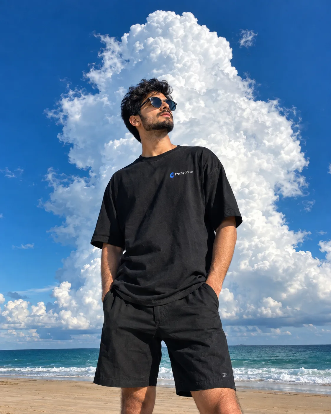 Create a photorealistic, ultra-high-definition portrait of a handsome man standing on a serene beach, captured from mid-thigh to head.