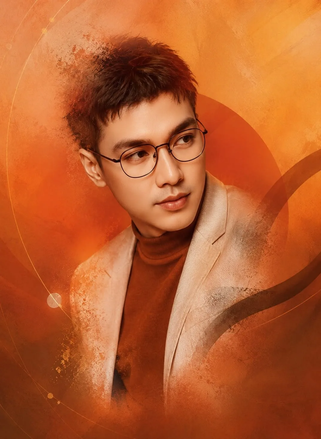 An artistic high-fashion character portrait of a stylish young Asian man with a textured short haircut, wearing round black-rimmed glasses,