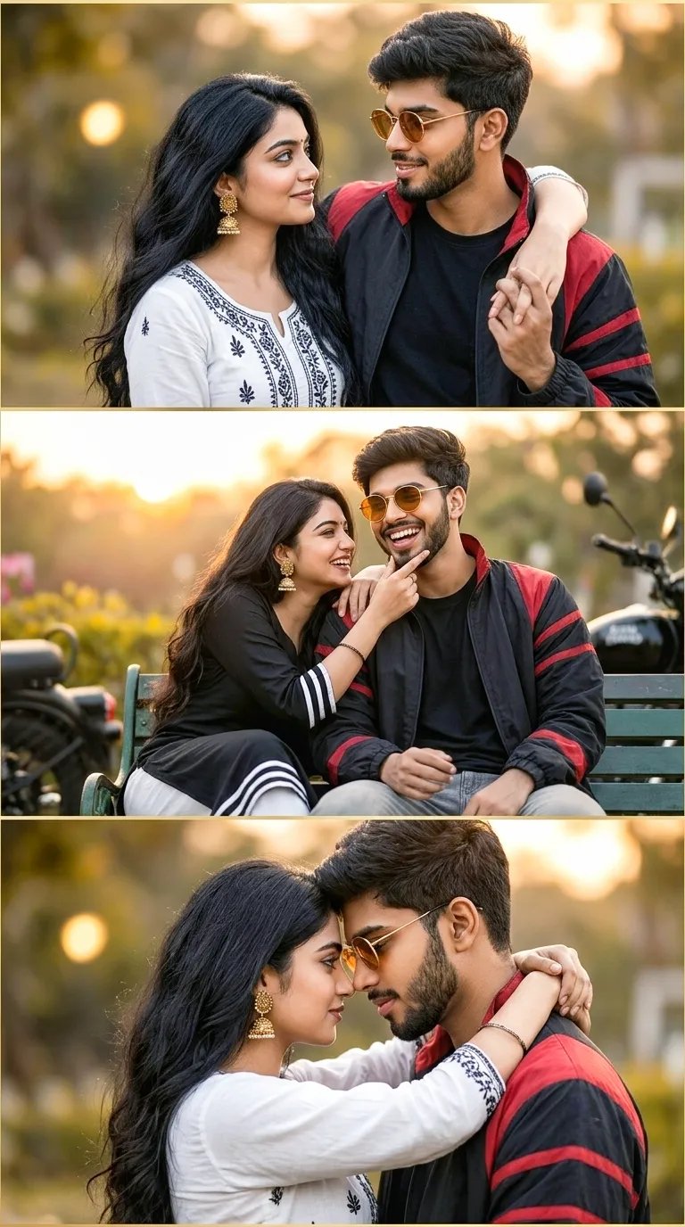 Create A dreamy romantic couple collage in soft golden lighting, featuring a stylish young Indian couple in multiple cute poses together.