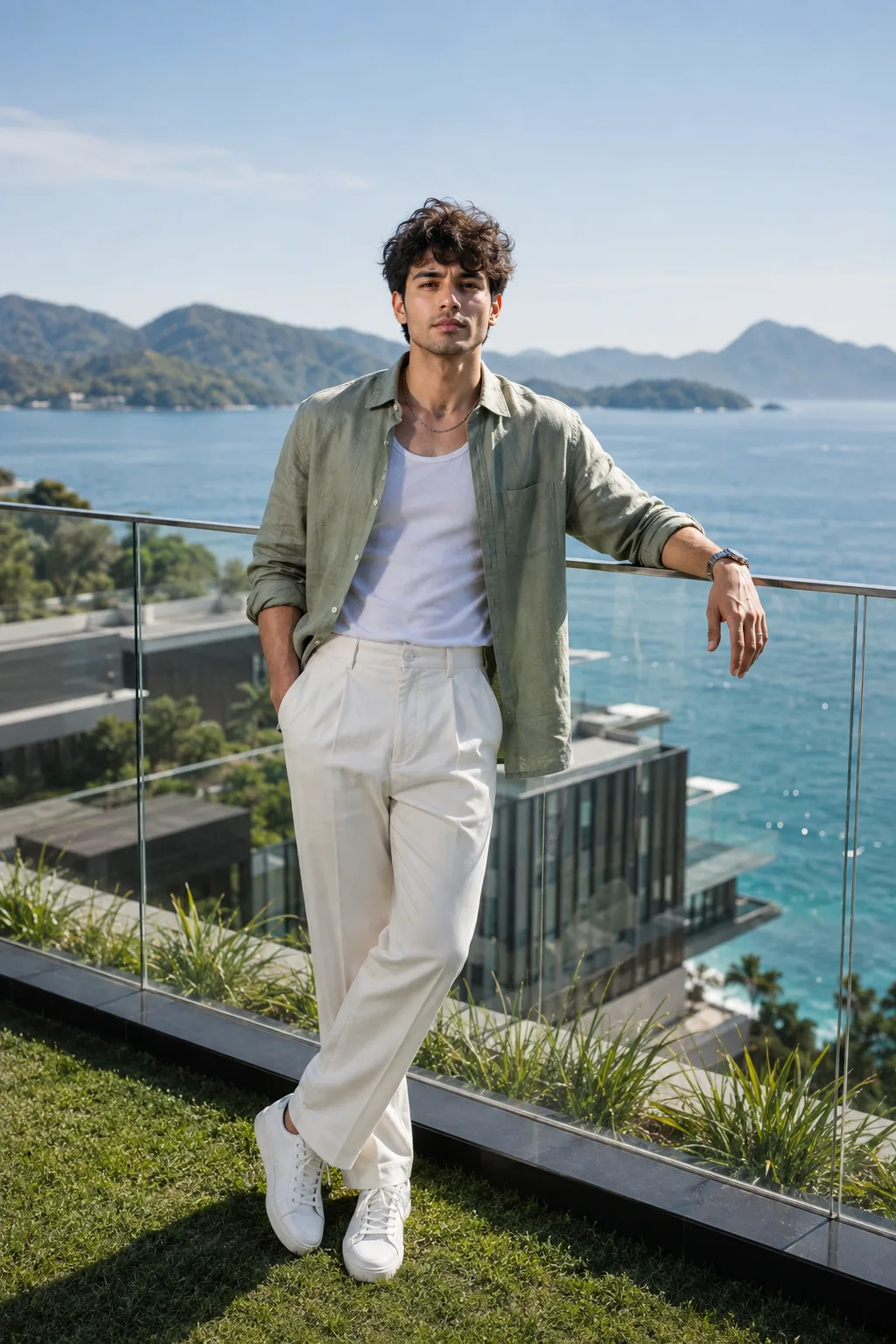 Create an ultra-realistic, high-end editorial fashion photograph of a stylish young man standing casually on a modern luxury rooftop