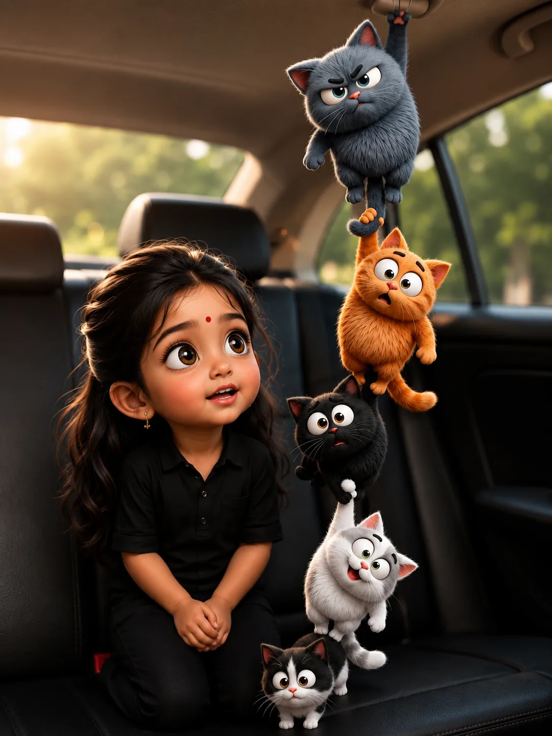 Prompt: “Create a cinematic, cute 3D animated scene inside a modern car.
