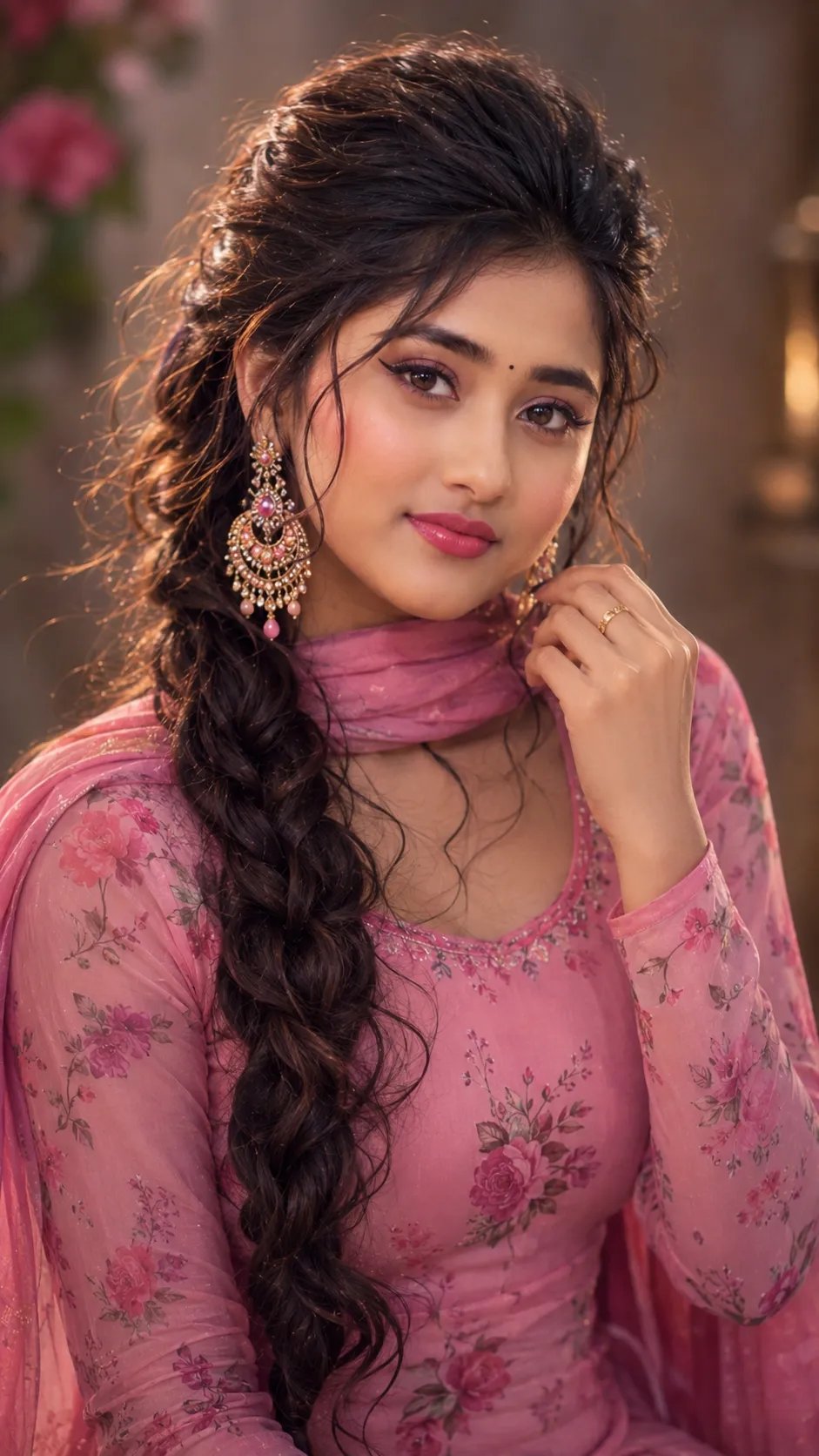 Use this face and create a close-up realistic HD portrait of a beautiful young woman wearing a pink and floral chiffon full sleeve fitted