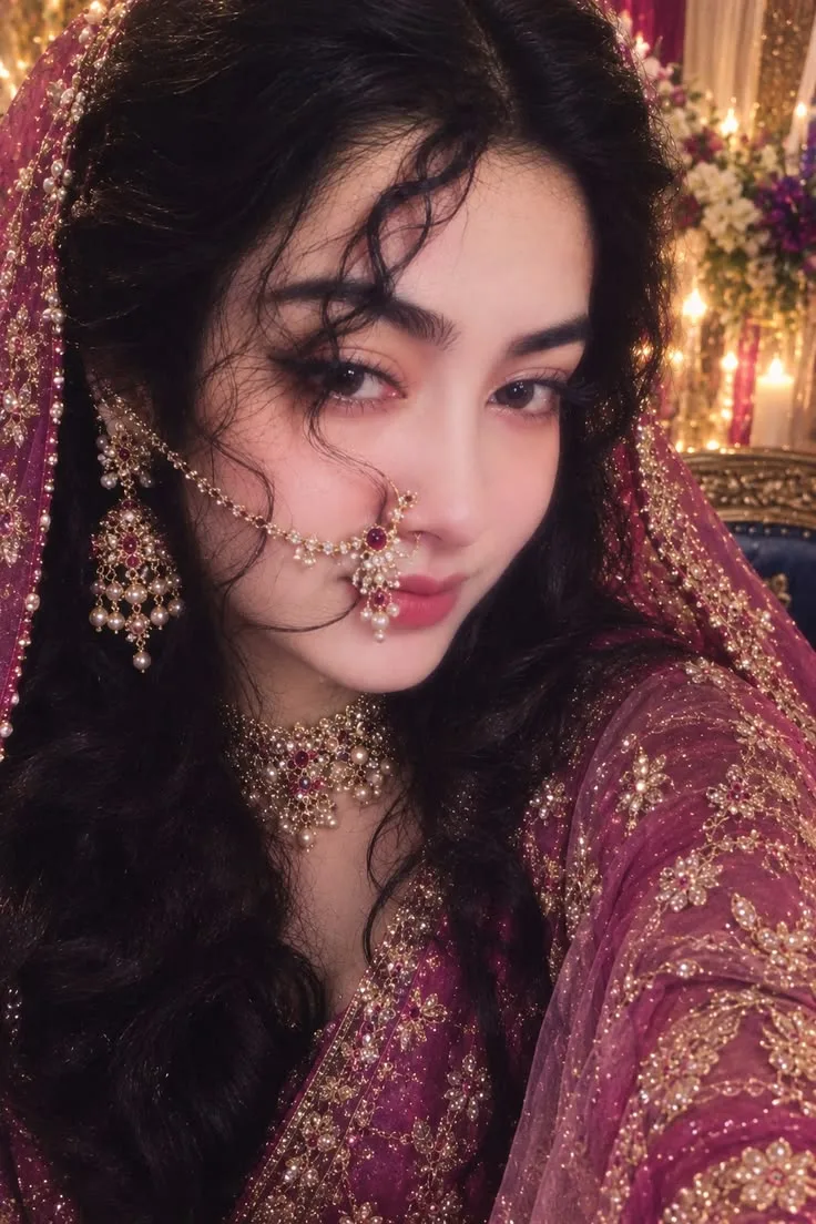 Ultra-realistic cinematic close-up portrait of a beautiful Indian bride wearing an elaborate deep wine-maroon bridal outfit with intricate