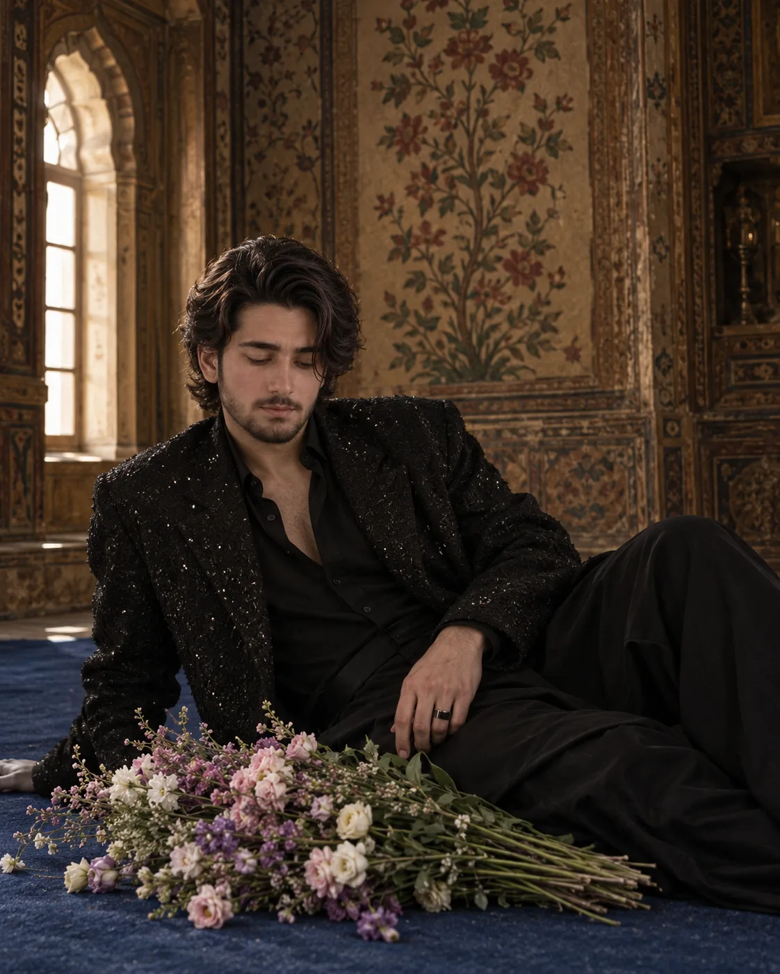 **Ultra-realistic cinematic editorial fashion photograph of a handsome young adult man reclining casually on a deep royal-blue carpet