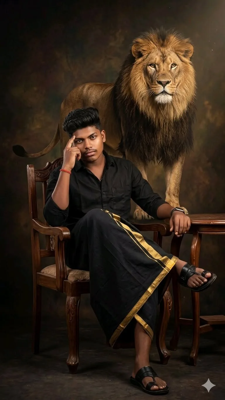 "A powerful fine-art studio portrait of a young South Indian man with a stylish pompadour hairstyle and a neat mustache, sitting