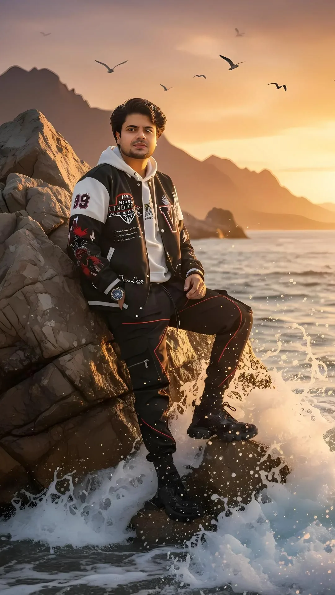 CONCEPT: Outdoor full-body portrait of a young man posing casually on rugged ocean rocks at golden hour, wearing a black varsity jacket and